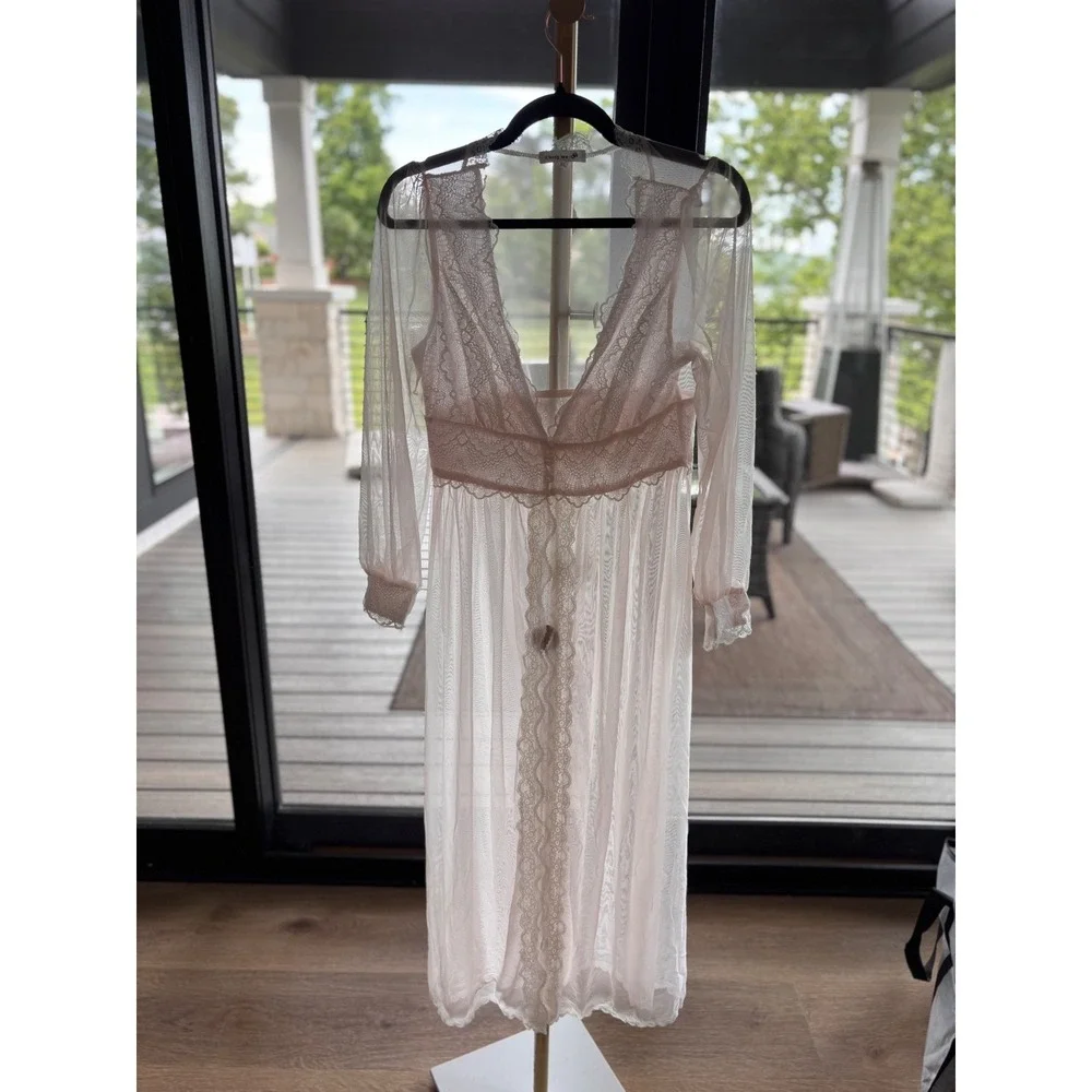 Chong mu Pink Sheer Mesh Lace Trim Maxi Robe Bridal Lingerie XL Long‎ Sleeve